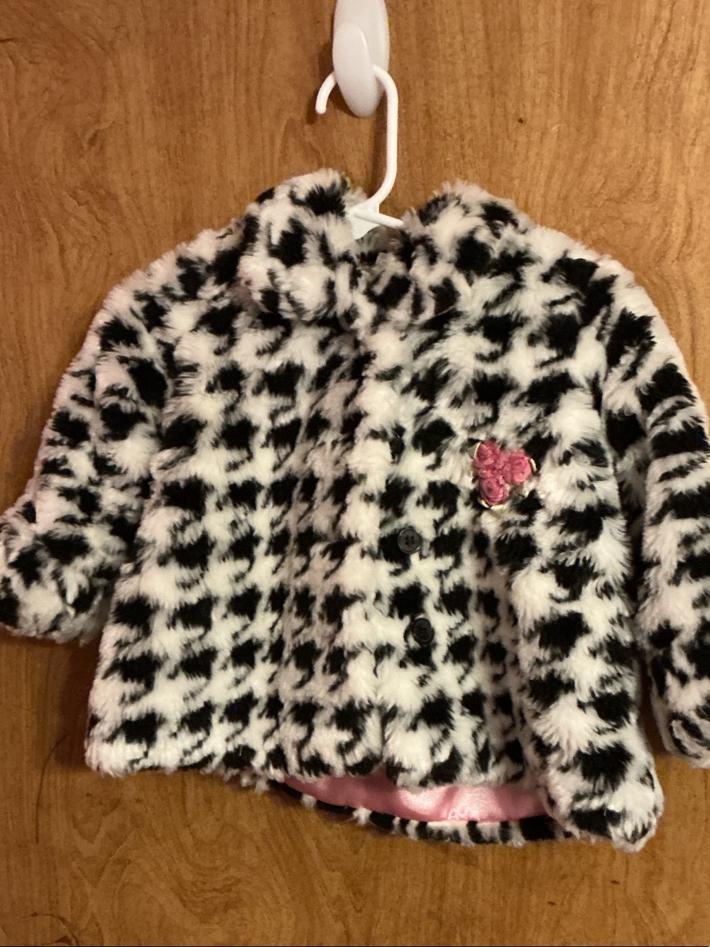 B.T. Kids Faux Fur Black & White Houndstooth Pea Coat with Pink Flower Accent